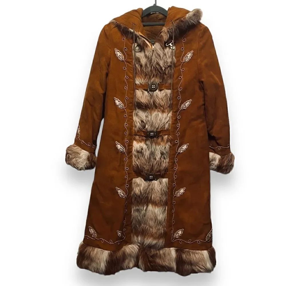 Vintage 60’s Penny Lane Union Made Cameron Embroidered Faux Fur Nordic Coat
